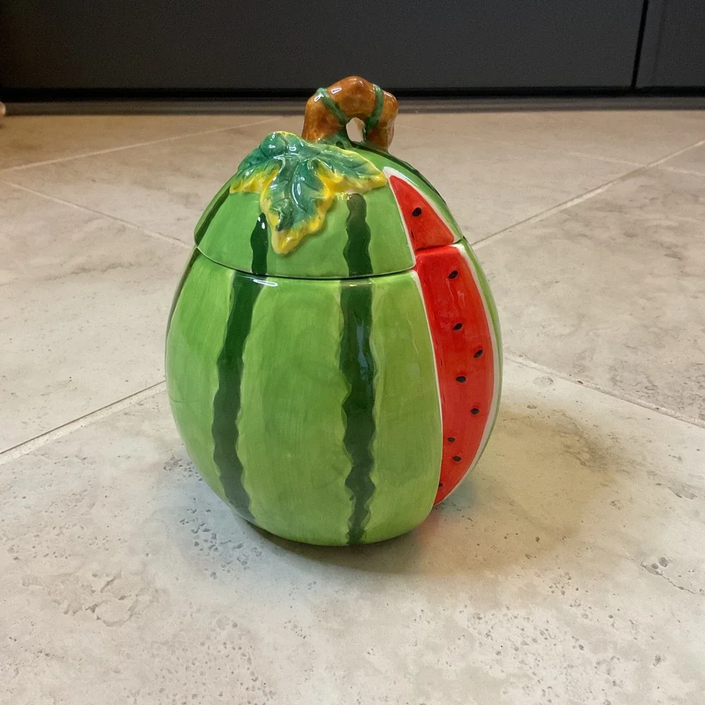 Vintage Watermelon Ceramic Cookie Jar Hand Painted Fruit Canister Kitchen Decor
